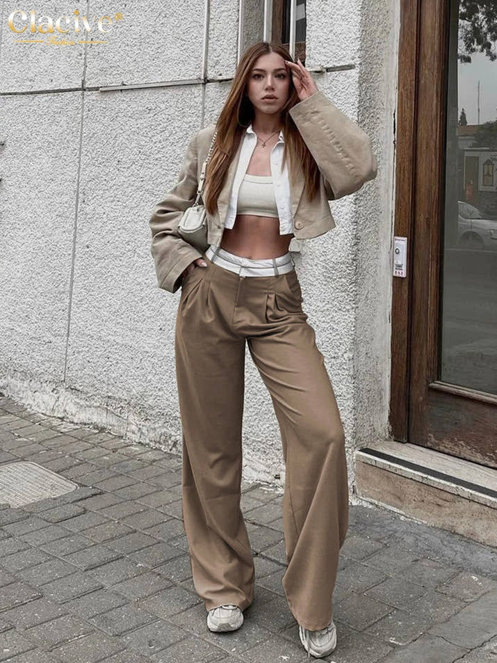 Clacive Elegant Loose Gray Office Women Pants Fashion High Waist Straight Trousers Casual Chic Spliced Full Length Female Pants