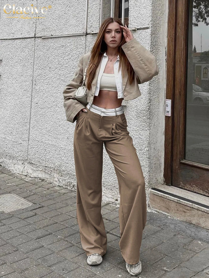 Clacive Elegant Loose Gray Office Women Pants Fashion High Waist Straight Trousers Casual Chic Spliced Full Length Female Pants