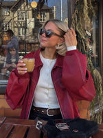 Fashion Short Red Leather Jacket Women Elegant Lapel Long Sleeve Zipper Loose Bomber Jackets Autumn Lady Street Outerwear