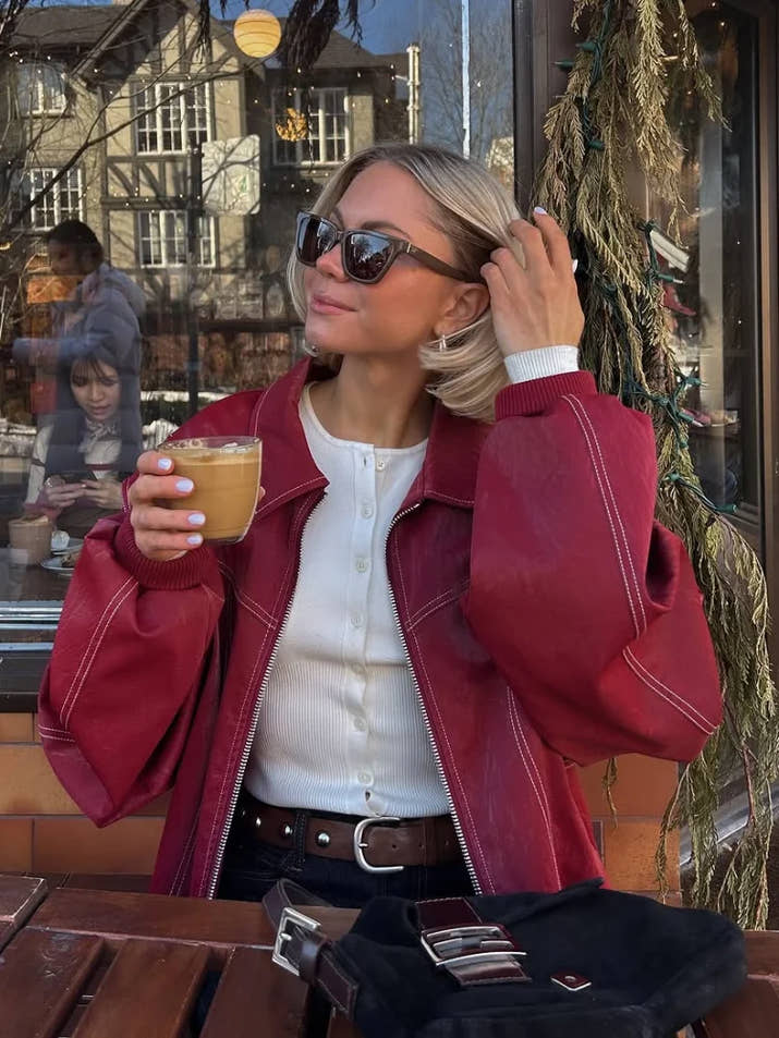 Fashion Short Red Leather Jacket Women Elegant Lapel Long Sleeve Zipper Loose Bomber Jackets Autumn Lady Street Outerwear