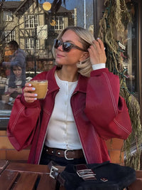 Fashion Short Red Leather Jacket Women Elegant Lapel Long Sleeve Zipper Loose Bomber Jackets Autumn Lady Street Outerwear