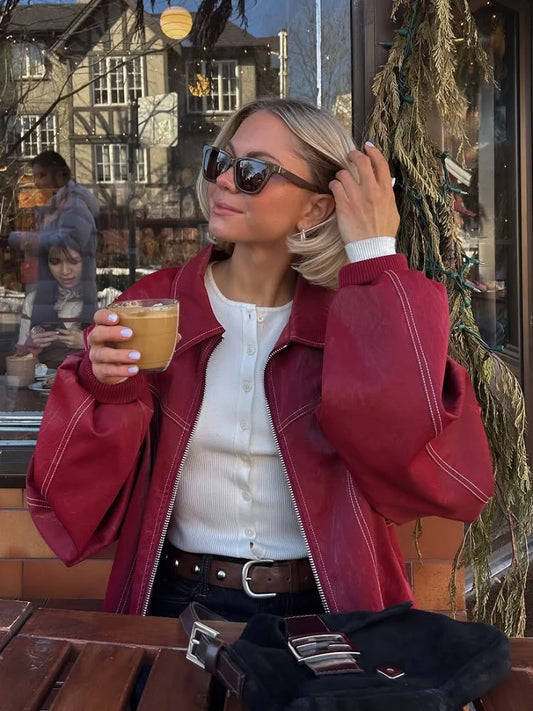 Fashion Short Red Leather Jacket Women Elegant Lapel Long Sleeve Zipper Loose Bomber Jackets Autumn Lady Street Outerwear