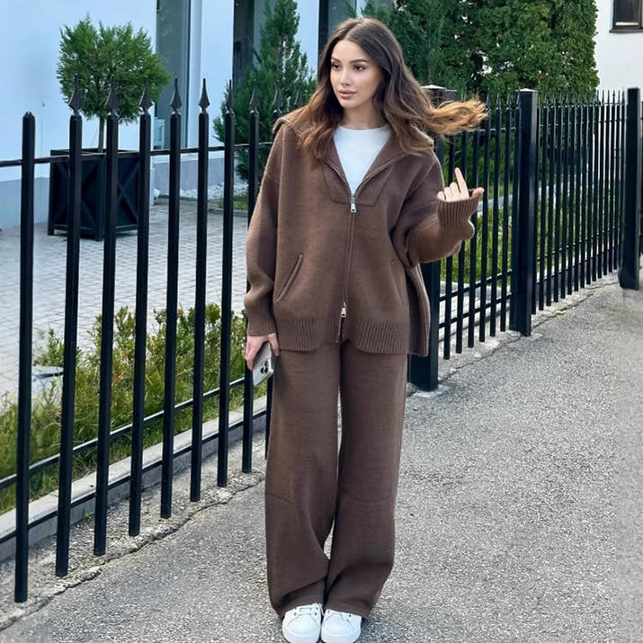 Spring Autumn Fashion Casual Loose Two Piece Set Knitted Zipper Long Sleeve Warm Cardigan Coat+Wide Leg Pants Suit Women Outfit