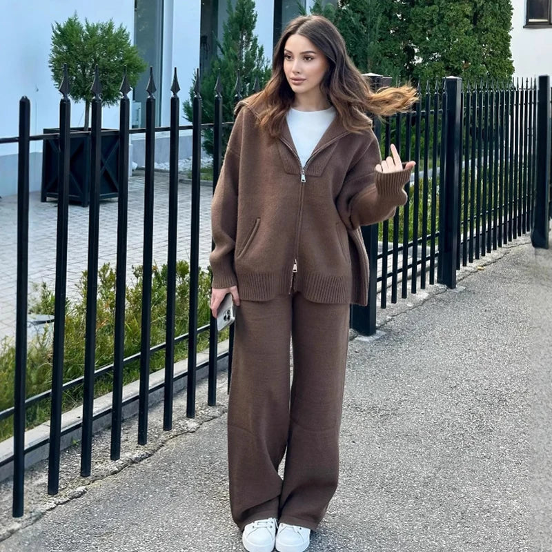 Spring Autumn Fashion Casual Loose Two Piece Set Knitted Zipper Long Sleeve Warm Cardigan Coat+Wide Leg Pants Suit Women Outfit
