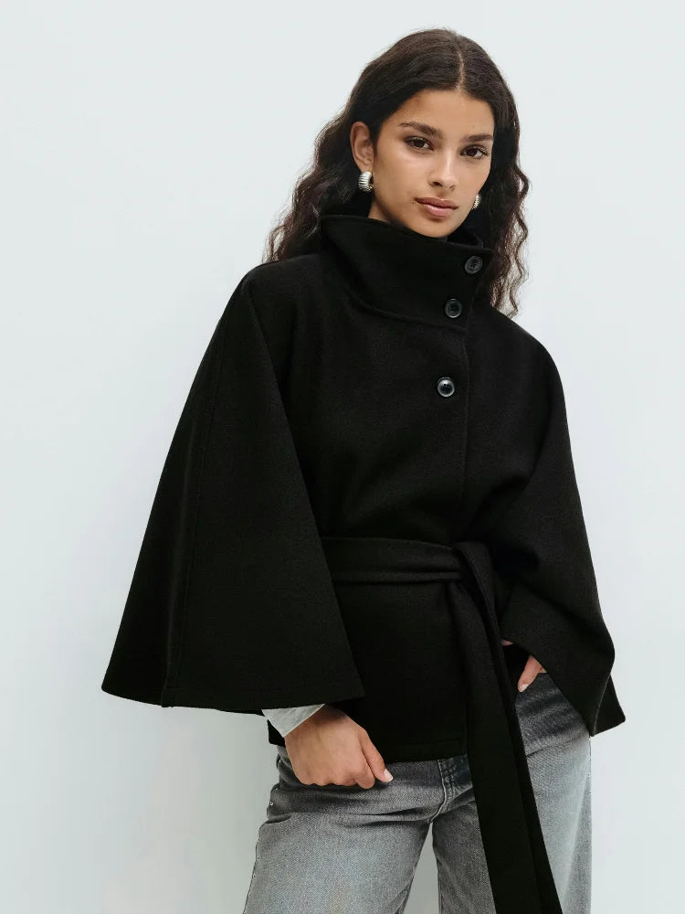 Fashion Solid Stand Collar Short Jacket Women Elegant Flared Sleeve  Buttoned Lace Up Coats 2025 Autumn Lady Office Street Wear