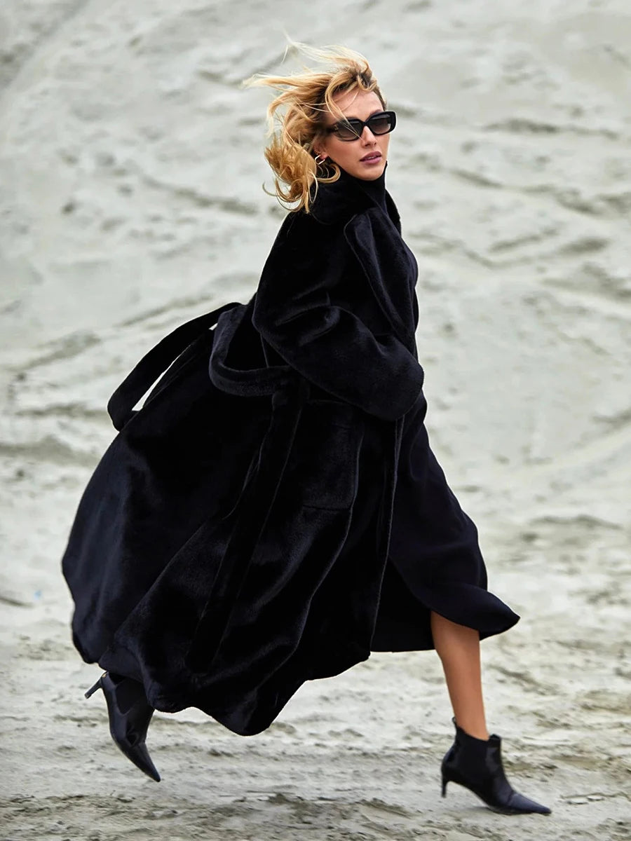 2025 Autumn and Winter Thick Long Suit Collar Imitation Mink Fur Coat Furry Integrated Faux Fur Windbreaker for Women
