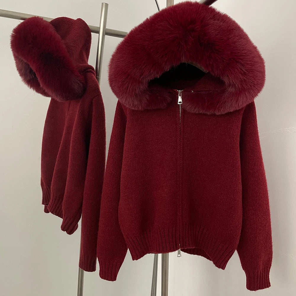 OFTBUY Hooded Oversized Cardigan Women 2025 Autumn Faux Fur Sweater Female Solid Fake Fur Knitting Coat Fashion Loose Knitwear