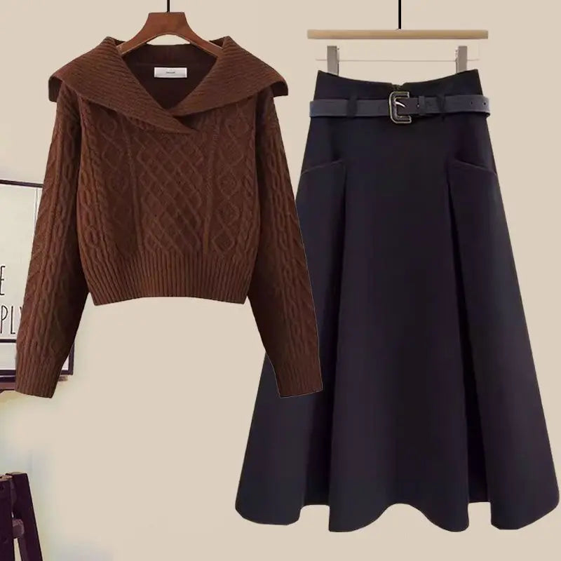 Big Size Women's Autumn Suit New Style Sweater Skirt Two-piece Set Regular Fit Vestidos De Dos Piezas Mujer Elegantes