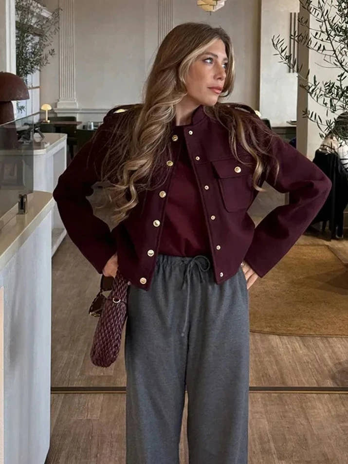 Vintage Wine Red Single Breasted Woolen Jackets Women Elegant Long Sleeve With Pockets Coat Autumn Winter Office Lady Outerwear