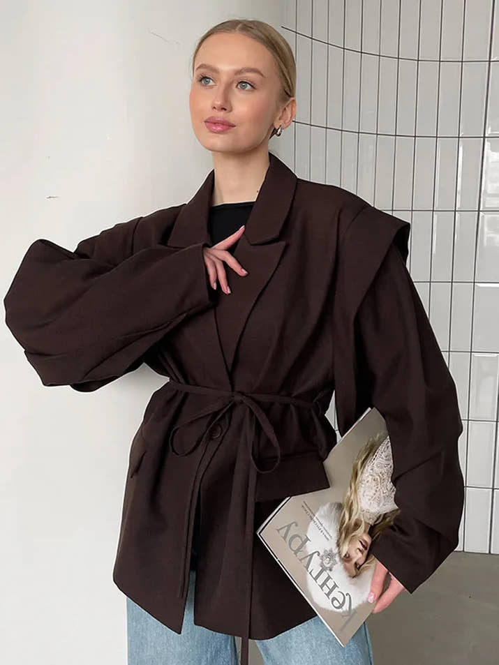 Retro Solid Leather Lapel Jackets Women's Fashion Shoulder Pad Full Sleeve One Button Pocket Coat Autumn New High Street Outwear