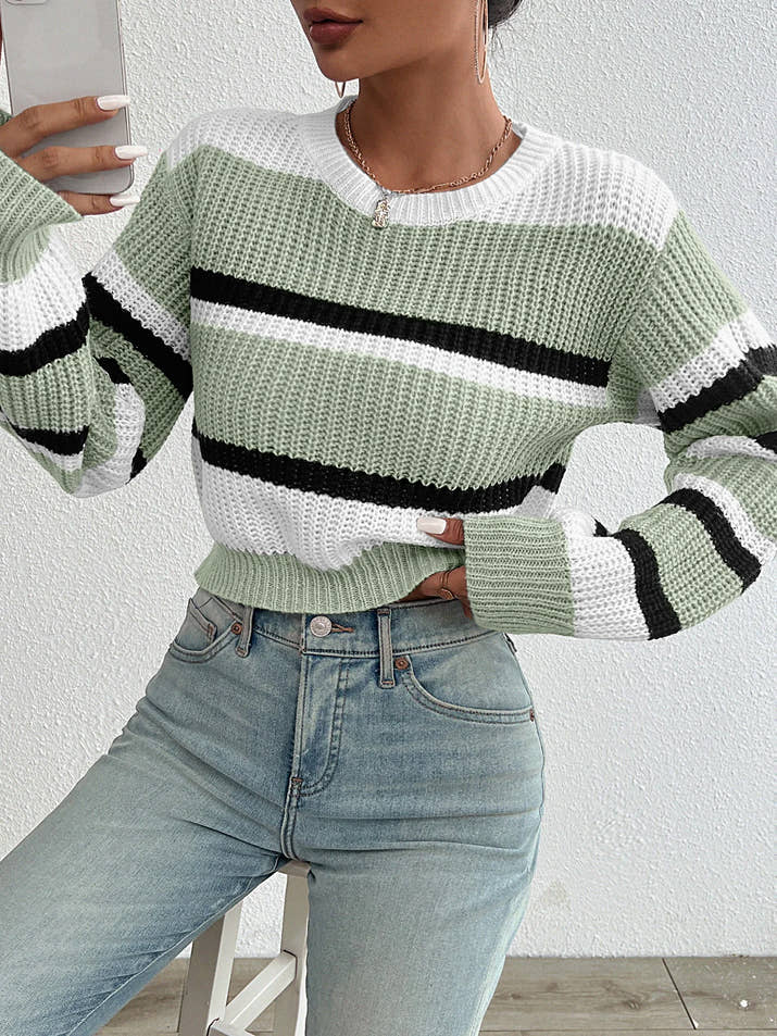 autumn and winter hot sale new acrylic loose drop shoulder round neck color matching knitted long sleeve ladies sweater