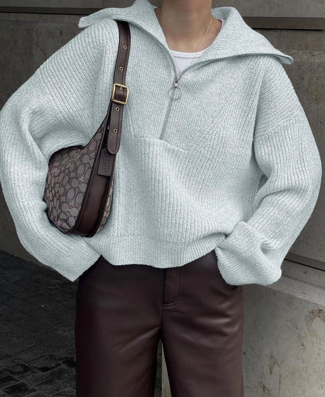 2025 Autumn/Winter Fashion Casual Solid Color Warm Fashion Knitted Women's Zipper Collar Sweater