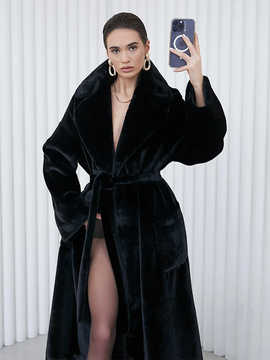 2025 Autumn and Winter Thick Long Suit Collar Imitation Mink Fur Coat Furry Integrated Faux Fur Windbreaker for Women