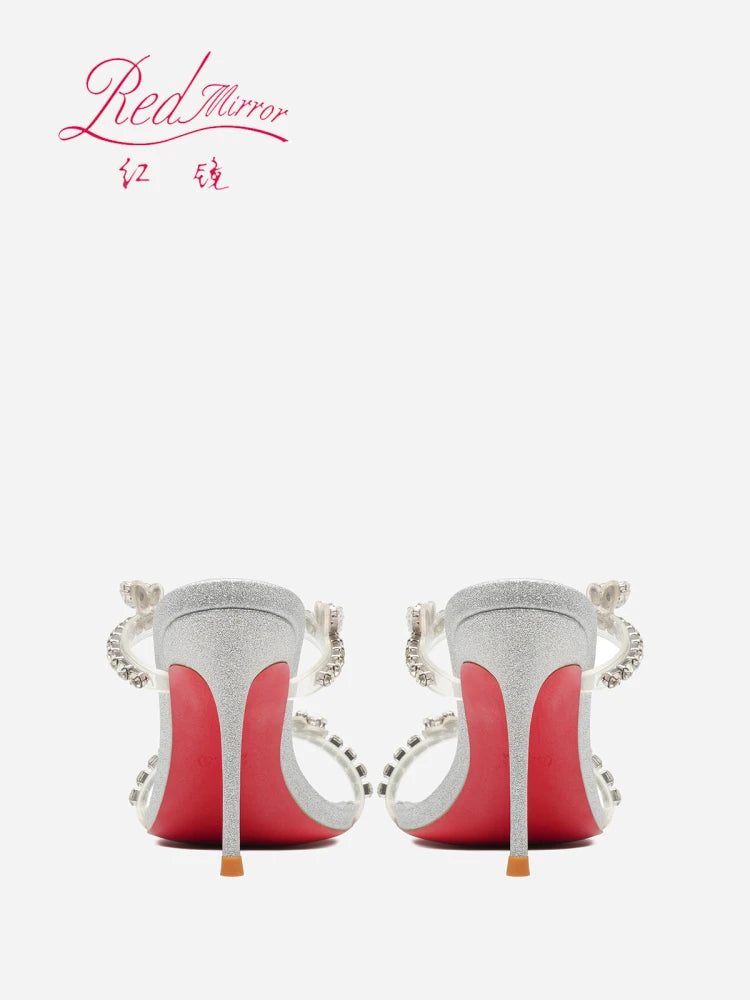 Transparent flat strap sandals for women's summer wear, 2025 new silver rhinestone fairy style queen girl slim heel sandals