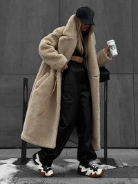 Women Long Coat Turn Down Collar Full Sleeve Thick Warm Y2k Streetwear Elegant Jackets Open Stith Autumn Winter 2025