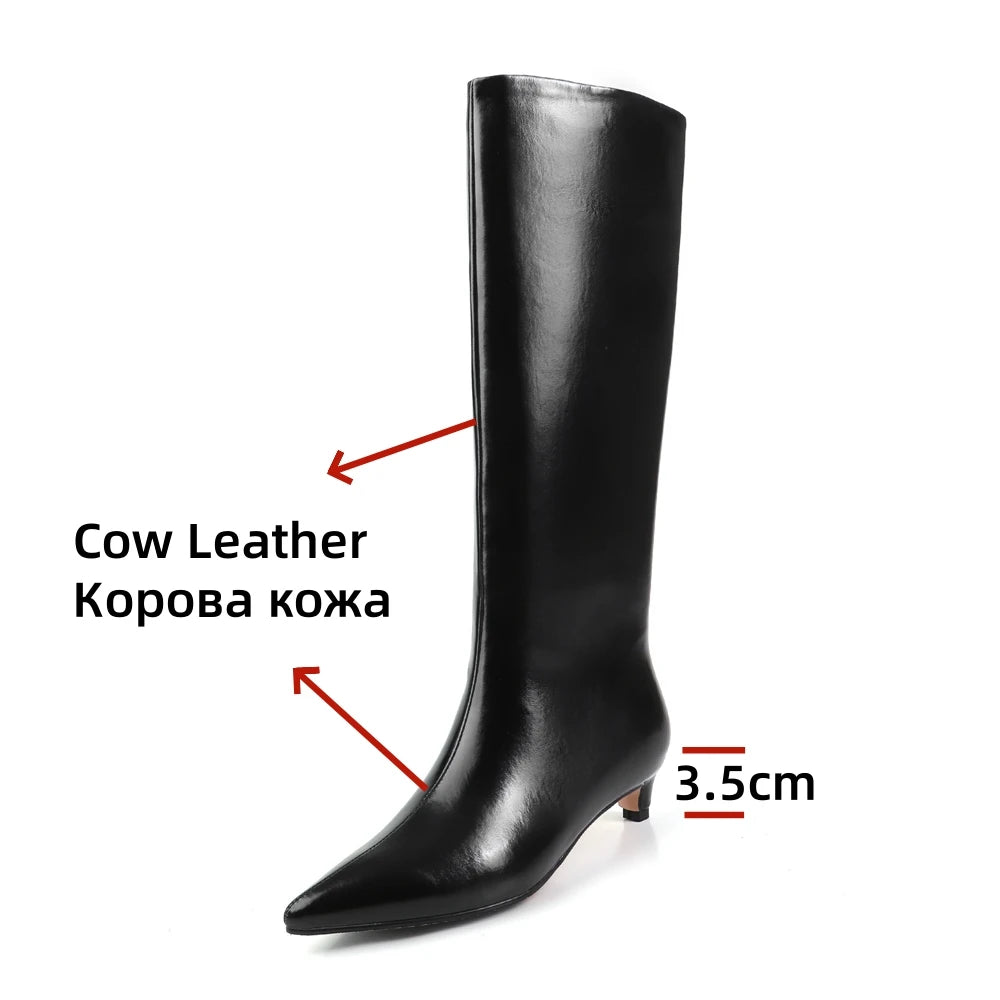 FEDONA Women Knee High Boots Cow Leather Kitten High Heels Long Warm Autumn Winter Knight Boots Female High Pointed Toe Boots