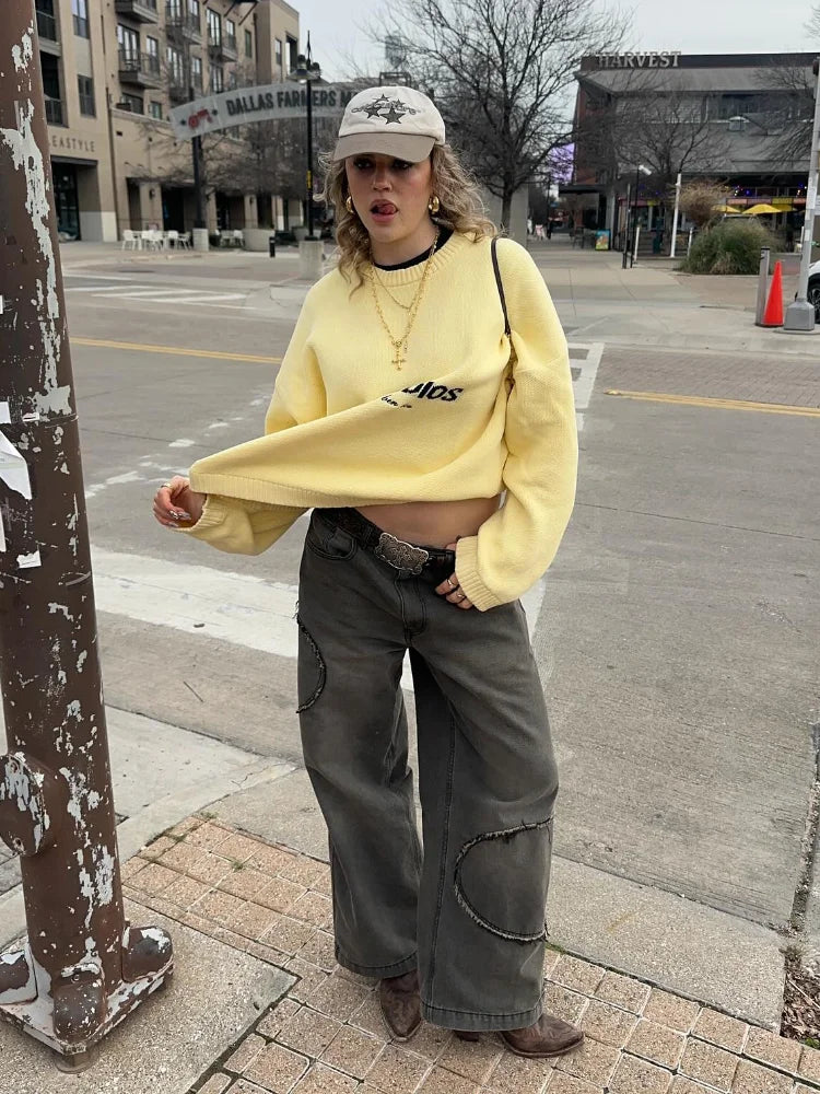 Yellow Knitted Letter Sweater Women Elegant Round Neck Long Sleeve Short Pullover Casual Lady New Street Autumn Holiday Sweaters