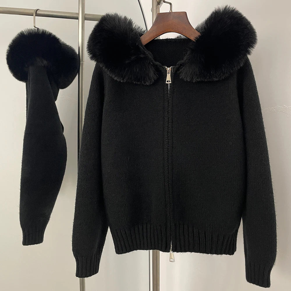 OFTBUY Hooded Oversized Cardigan Women 2025 Autumn Faux Fur Sweater Female Solid Fake Fur Knitting Coat Fashion Loose Knitwear