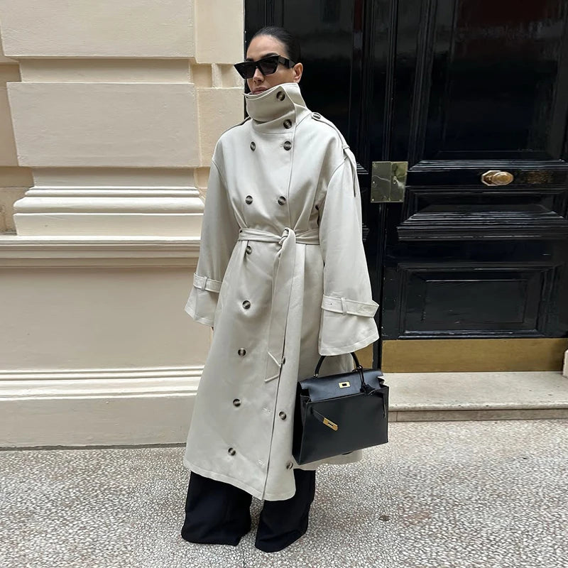 Elegant Lapel Long Windbreakers Women Patchwork Double Breasted Lace Up Oversize Trench Coat 2025 Autumn Street Lady Outerwears