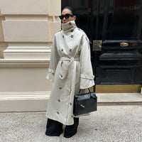 Elegant Lapel Long Windbreakers Women Patchwork Double Breasted Lace Up Oversize Trench Coat 2025 Autumn Street Lady Outerwears