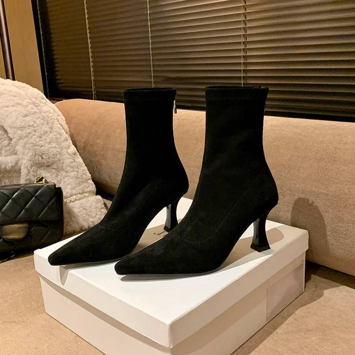 Vintage Women Ankle Boots Fashion Pointed Toe Shoes Autumn Winter High Heel Ladies Elegant Stretch Slim Short Booties