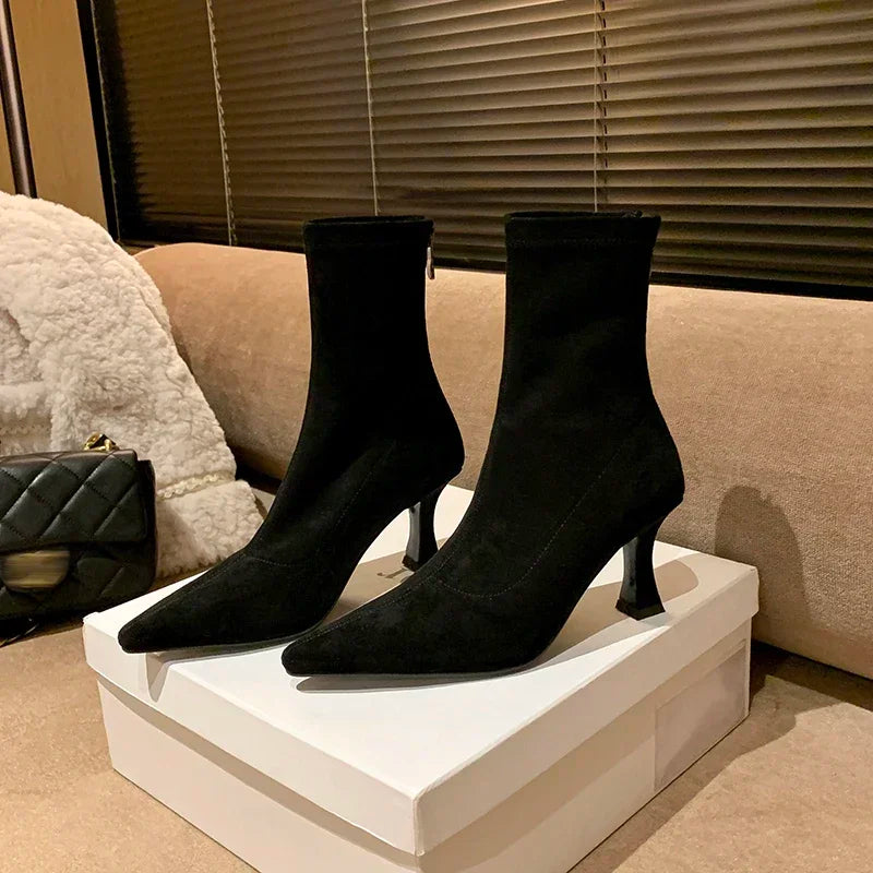 Vintage Women Ankle Boots Fashion Pointed Toe Shoes Autumn Winter High Heel Ladies Elegant Stretch Slim Short Booties