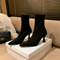 Vintage Women Ankle Boots Fashion Pointed Toe Shoes Autumn Winter High Heel Ladies Elegant Stretch Slim Short Booties
