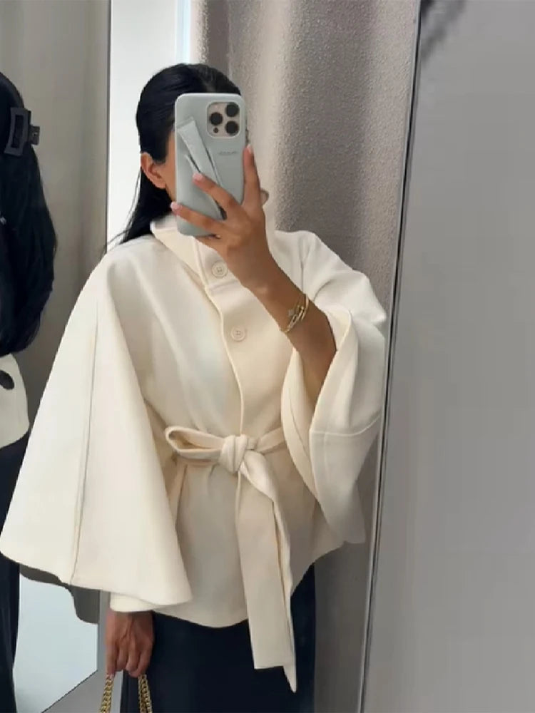 Fashion Solid Stand Collar Short Jacket Women Elegant Flared Sleeve  Buttoned Lace Up Coats 2025 Autumn Lady Office Street Wear