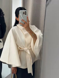 Fashion Solid Stand Collar Short Jacket Women Elegant Flared Sleeve  Buttoned Lace Up Coats 2025 Autumn Lady Office Street Wear