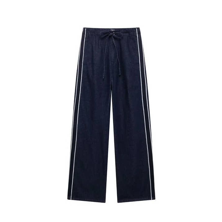 TRAFZA Women High Street Denim Set Side Stripe Stand Collar Zipper Jacket Lace-Up Pant 2025 Autumn Winter Casual Female Set