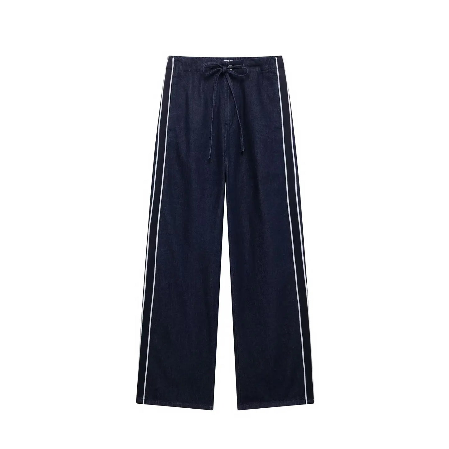 TRAFZA Women High Street Denim Set Side Stripe Stand Collar Zipper Jacket Lace-Up Pant 2025 Autumn Winter Casual Female Set