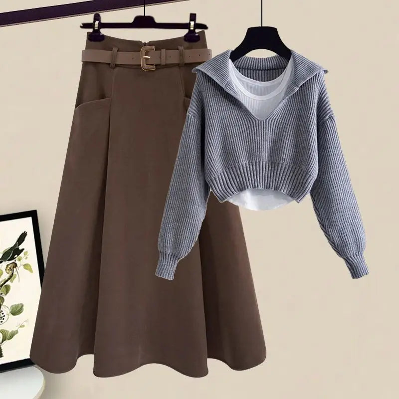 Oversized Women's Autumn Set New Fashion Slim and Versatile Strap Sweater Half Skirt Three Piece Set Fashion