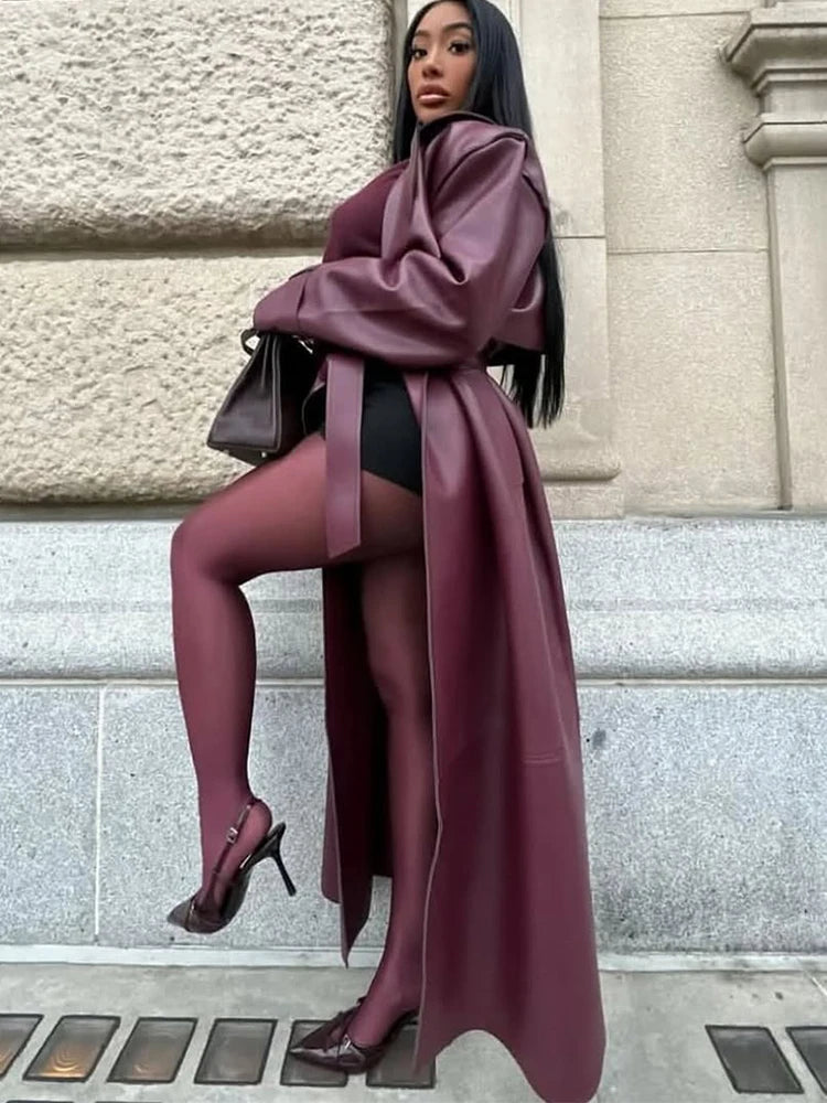 Lace Up Retro Leather Longtrench Coat Women's Fashion Burgundy Lapel Loose Outerwear 2025 New Fall Daily Commute Street Coats