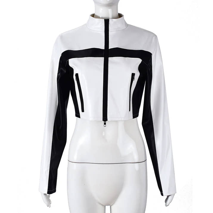 Women's Black White PU Paneled Cropped Jackets Punk Grunge Zipper Slim Y2K Clothes 2025 Fall Moto Biker Casual Y2K Coat
