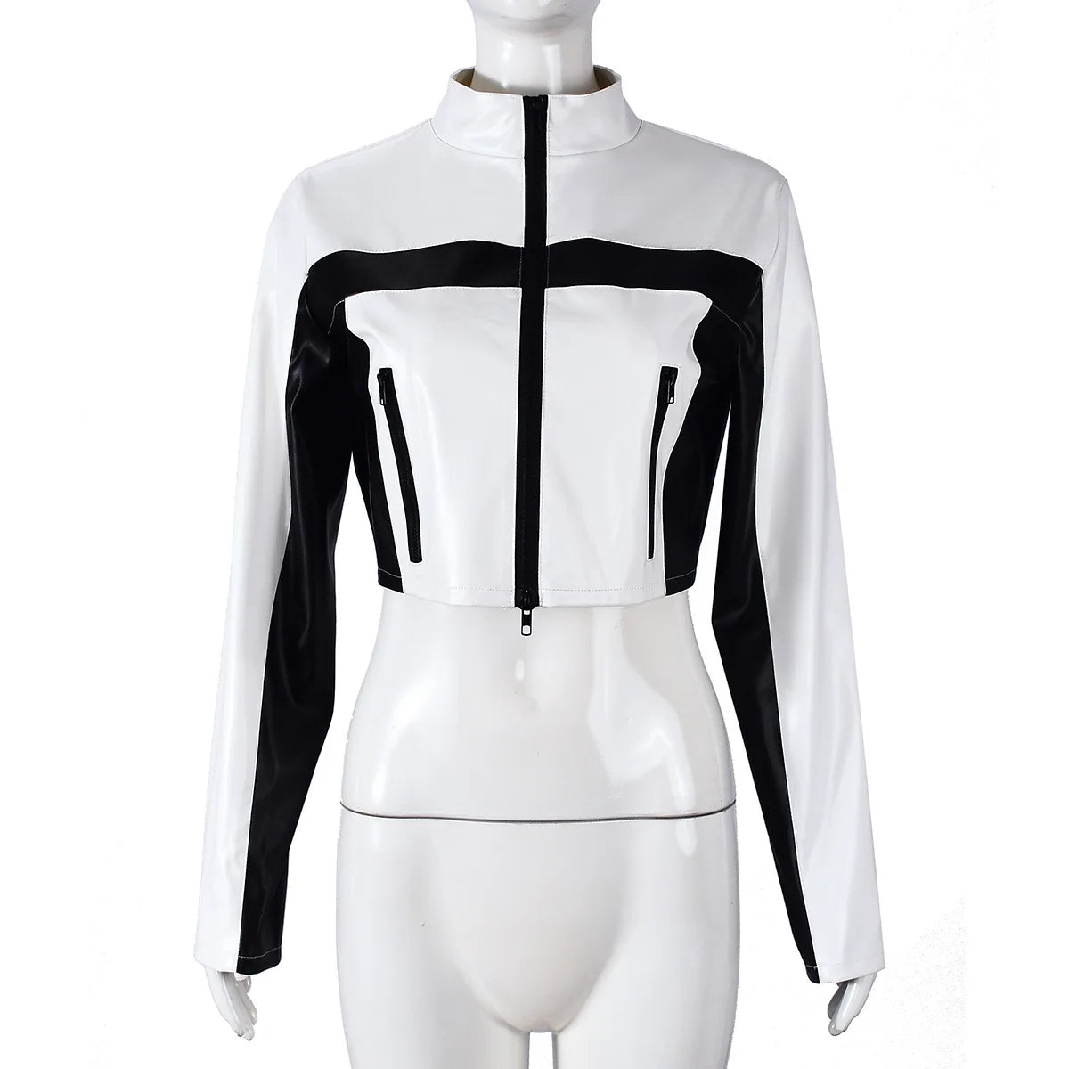Women's Black White PU Paneled Cropped Jackets Punk Grunge Zipper Slim Y2K Clothes 2025 Fall Moto Biker Casual Y2K Coat