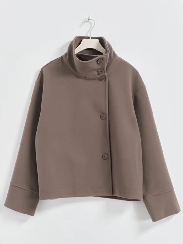 Stand Collar Single Breasted Woolen Overcoat Women Elegant Long Sleeve Solid Loose Fitting Coat New Autumn Winter Lady Outerwear