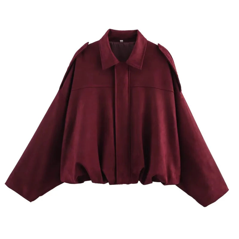 ETJ 2025   new women's suede texture effect Loose version of fashion lapel shoulder bomber jacket