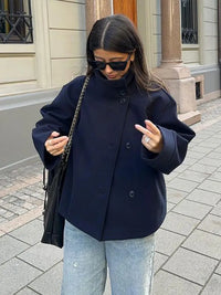 Stand Collar Single Breasted Woolen Overcoat Women Elegant Long Sleeve Solid Loose Fitting Coat New Autumn Winter Lady Outerwear