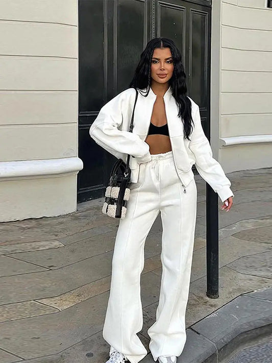 Tracksuit Suits Women's Sportswear 2-piece Retro Zipper Bomber Jacket Sweatshirt High-waisted Women's Loose Velvet Pants Suit