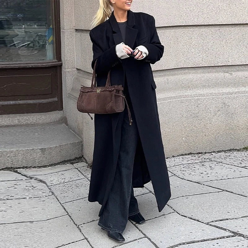 Office Women's Woolen Long Coat Turn-down Collar Long Sleeve Single Button Mid-length Outerwear 2025 Autumn New Lady Overcoats