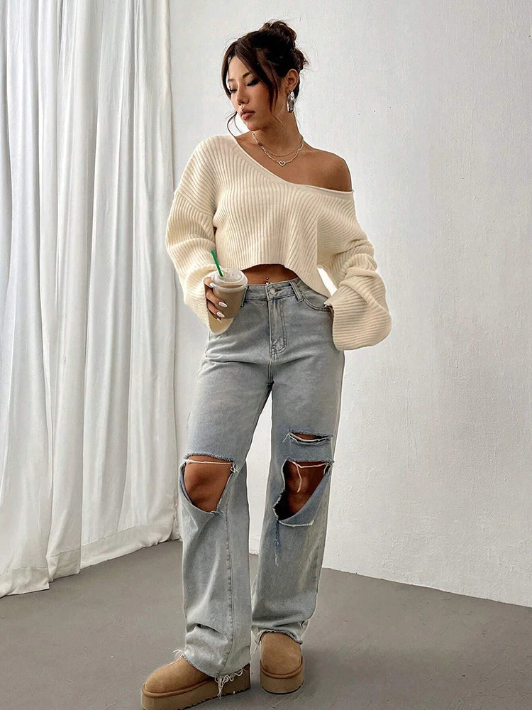 Fashion V-neck solid color knitted sweater loose top women's striped outfit with three-dimensional texture sweater