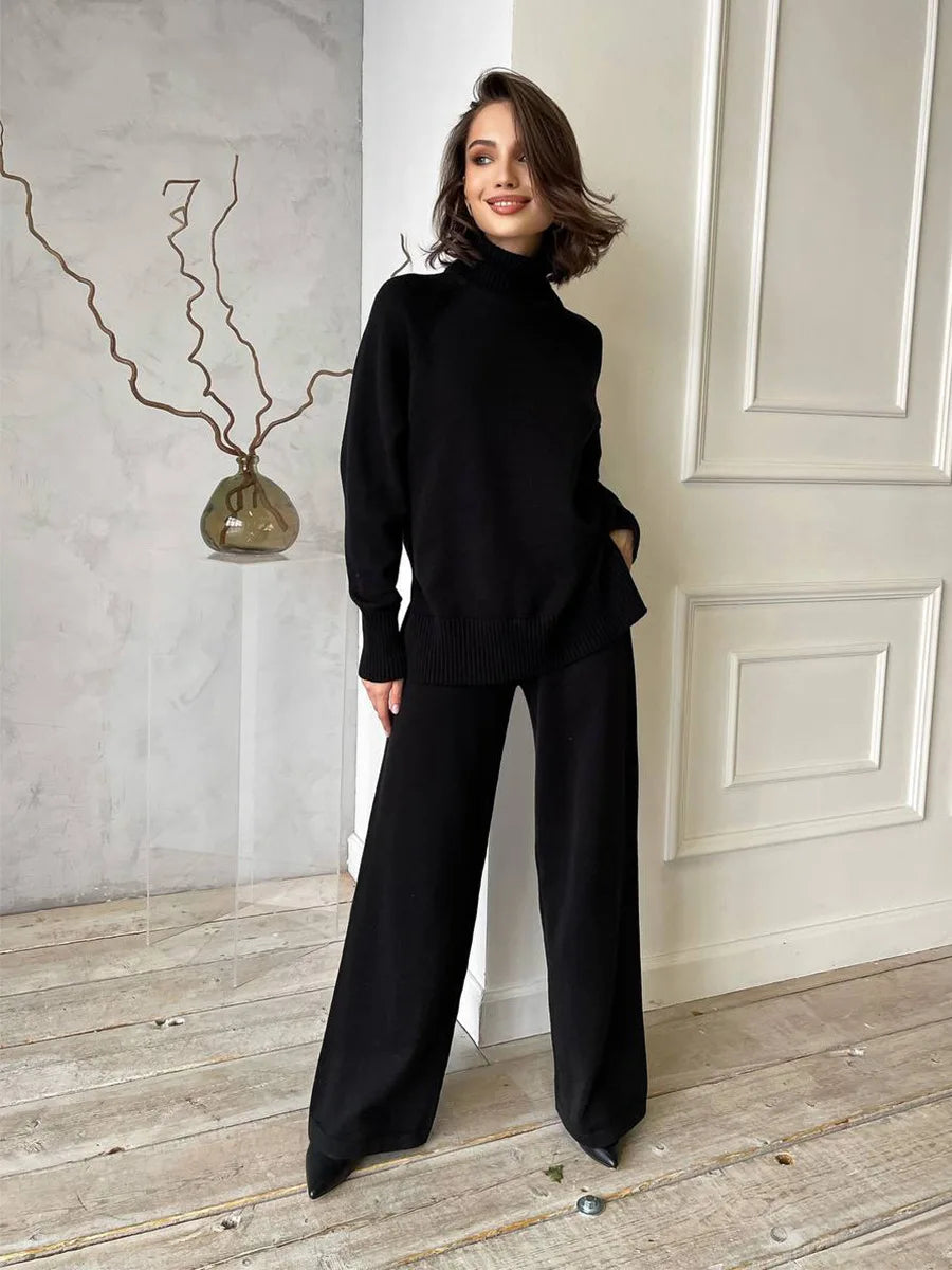 Two Piece Set Women Knitted Tracksuits Elagant Turtleneck Long Sleeve Pullovers Top+High Waist Casual Pants Outfits 2025 Winter