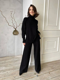 Two Piece Set Women Knitted Tracksuits Elagant Turtleneck Long Sleeve Pullovers Top+High Waist Casual Pants Outfits 2025 Winter