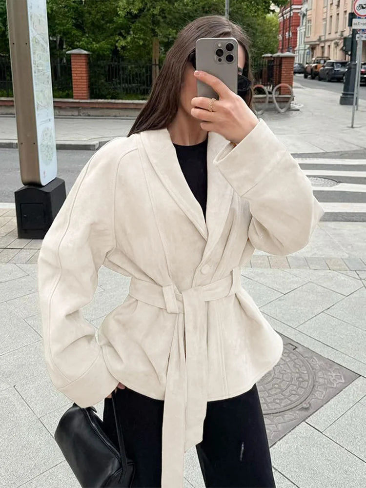 Stand Collar Suede Sashes Jackets Women Vintage Long Sleeves Button Lace Up Slim Coats New Fashion Early Autumn Ladies Outerwear