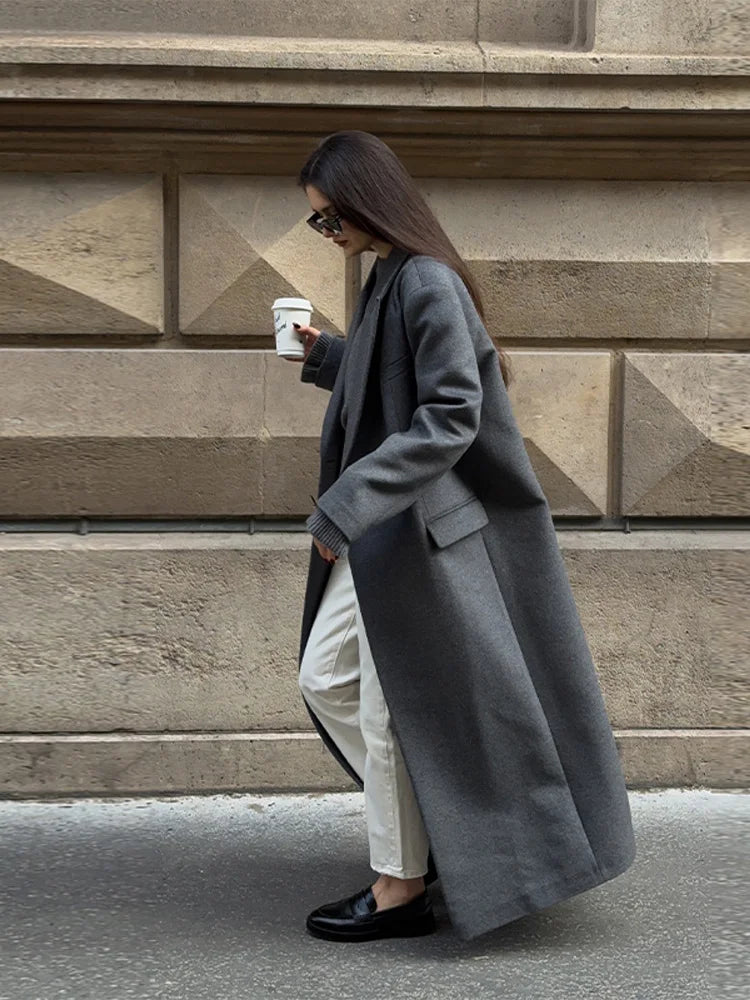 Office Women's Woolen Long Coat Turn-down Collar Long Sleeve Single Button Mid-length Outerwear 2025 Autumn New Lady Overcoats