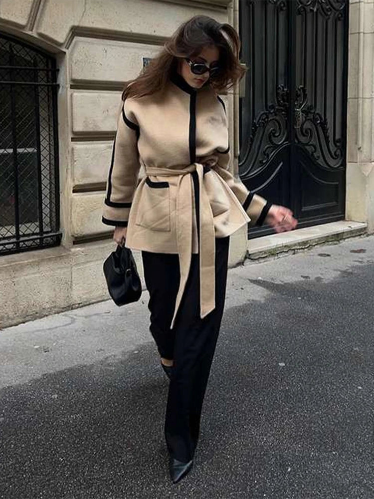 Women's Long Sleeve Thicken Woolen Coat Casual Autumn Jacket with Belt Pockets Spliced Contrast Design for Commuter Outwear