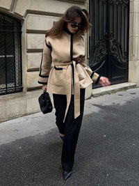 Women's Long Sleeve Thicken Woolen Coat Casual Autumn Jacket with Belt Pockets Spliced Contrast Design for Commuter Outwear