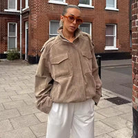 Street Fashion Women's Suede Jacket Loose Khaki Lapel Zipper Long Sleeve Bomber Coat 2025 Autumn Winter New Lady Outwears