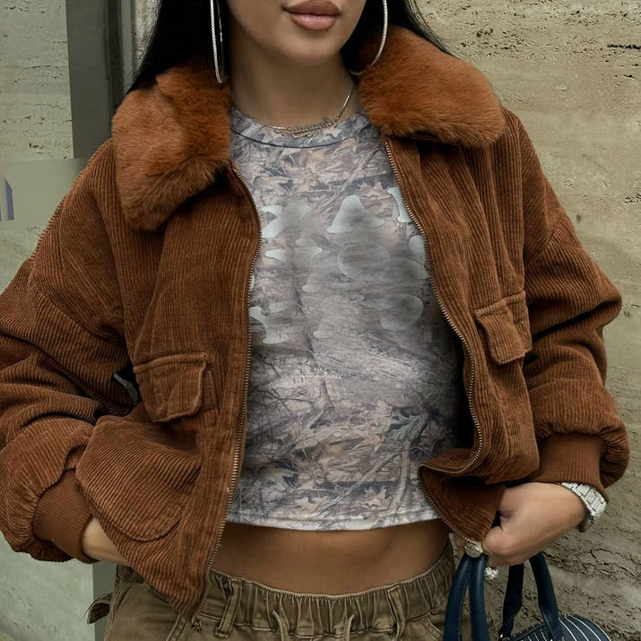 Women Fur Lapel Collar Warm Casual Jackets Vintage Long Sleeve Zipper Pockets Crop Coat 2025 Fall Winter Y2K Clothes