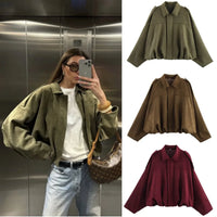 ETJ 2025   new women's suede texture effect Loose version of fashion lapel shoulder bomber jacket